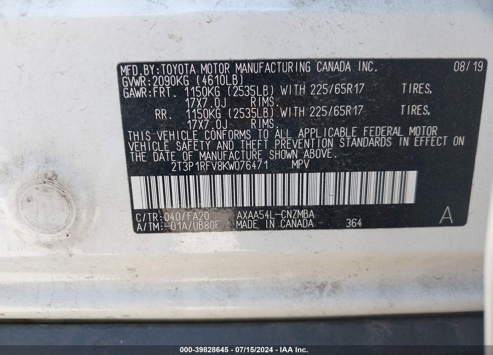 2019 TOYOTA RAV4 XLE VIN: 2T3P1RFV8KW076471