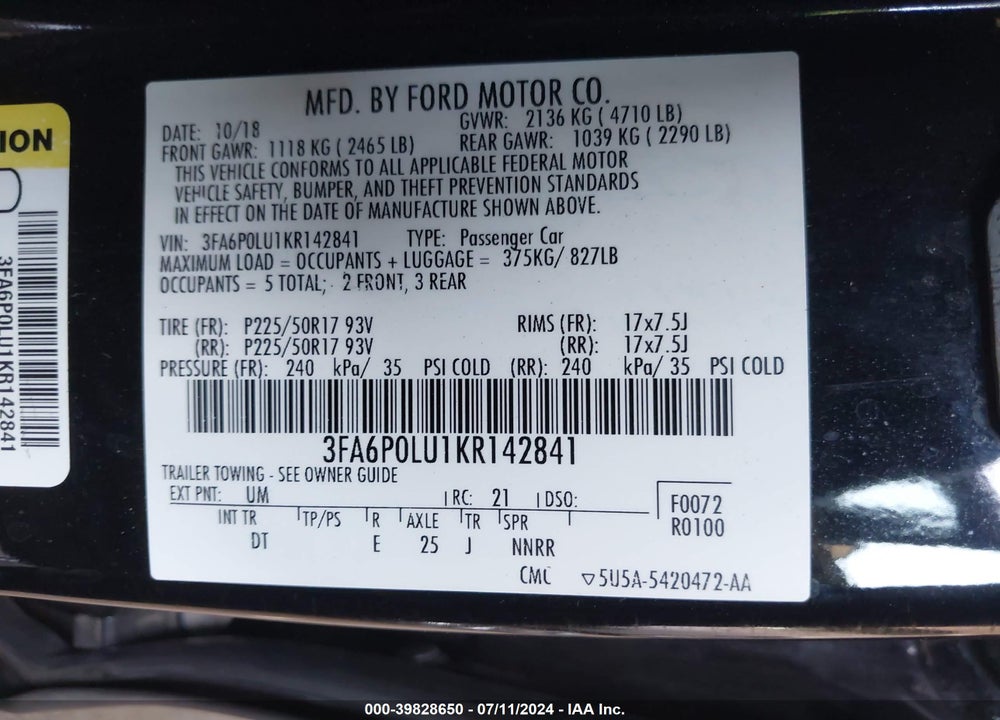 2019 FORD FUSION HYBRID SE VIN: 3FA6P0LU1KR142841