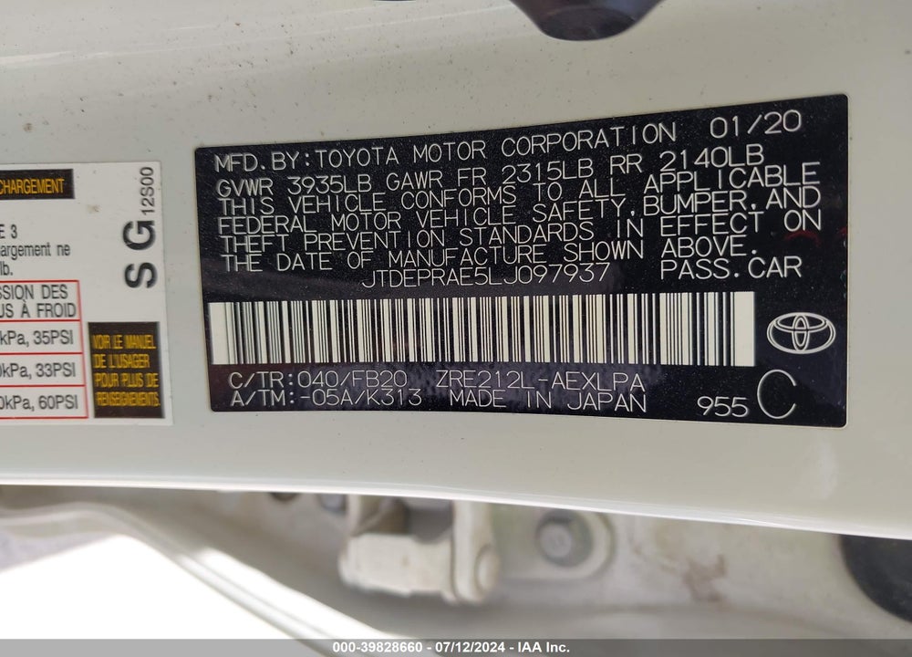 2020 TOYOTA COROLLA LE VIN: JTDEPRAE5LJ097937