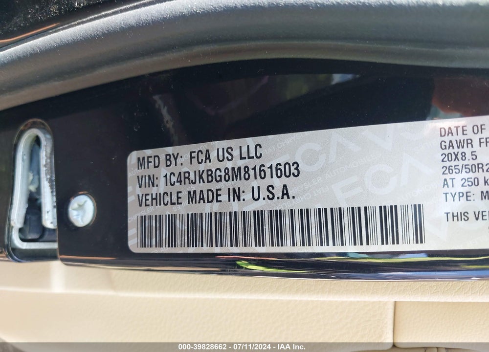 2021 JEEP GRAND CHEROKEE L LIMITED 4X4 VIN: 1C4RJKBG8M8161603