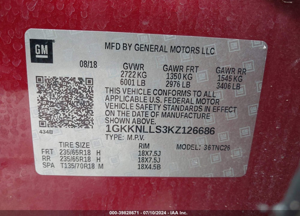 2019 GMC ACADIA SLE-2 VIN: 1GKKNLLS3KZ126686