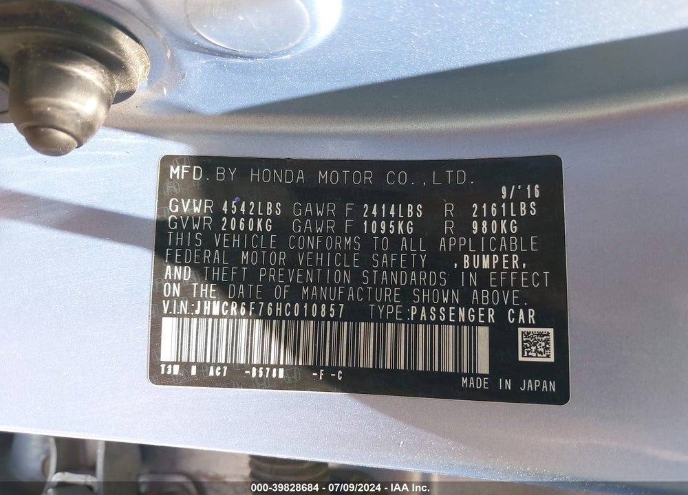 2017 HONDA ACCORD HYBRID TOURING VIN: JHMCR6F76HC010857