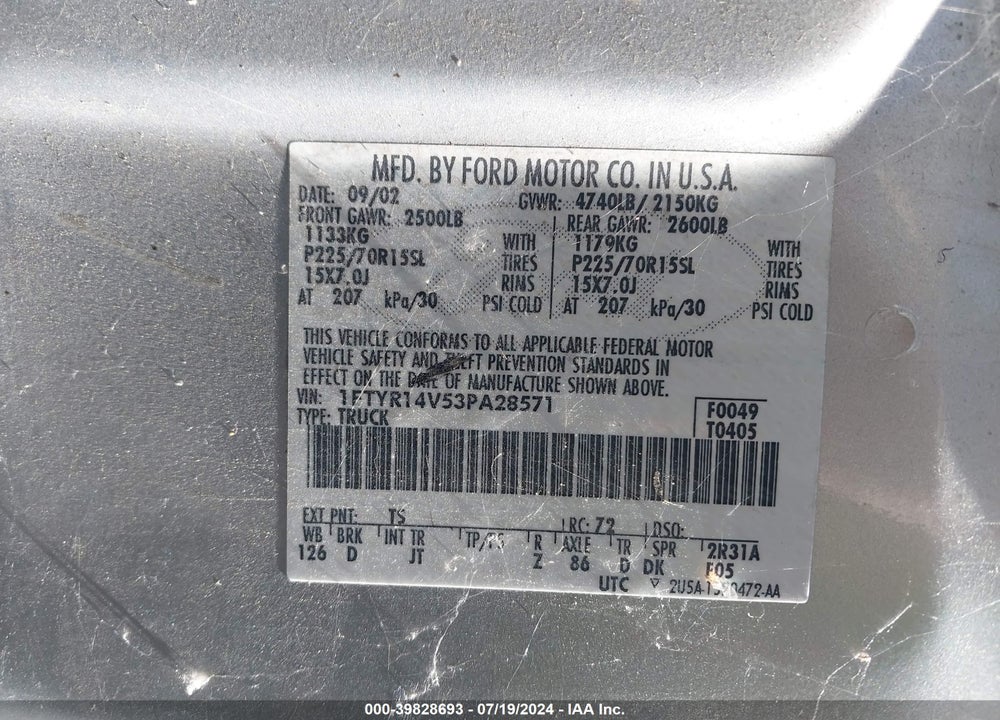 2003 FORD RANGER EDGE/TREMOR/XL/XLT VIN: 1FTYR14V53PA28571