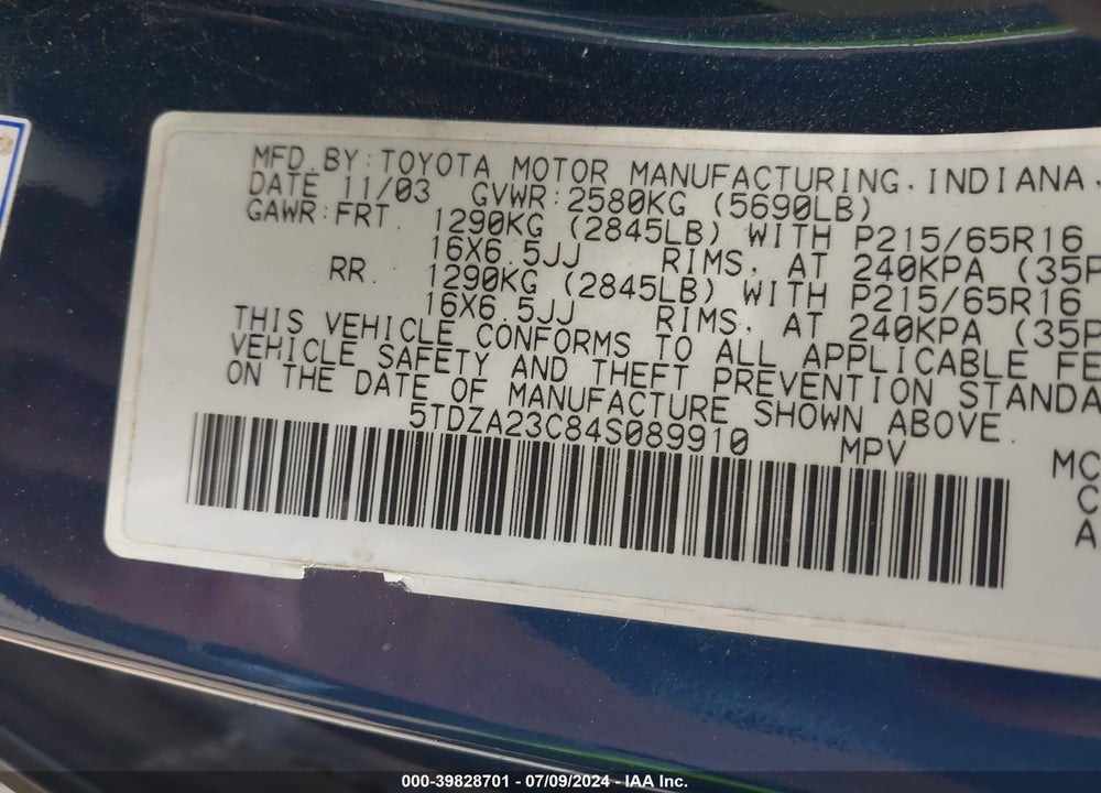 2004 TOYOTA SIENNA LE VIN: 5TDZA23C84S089910