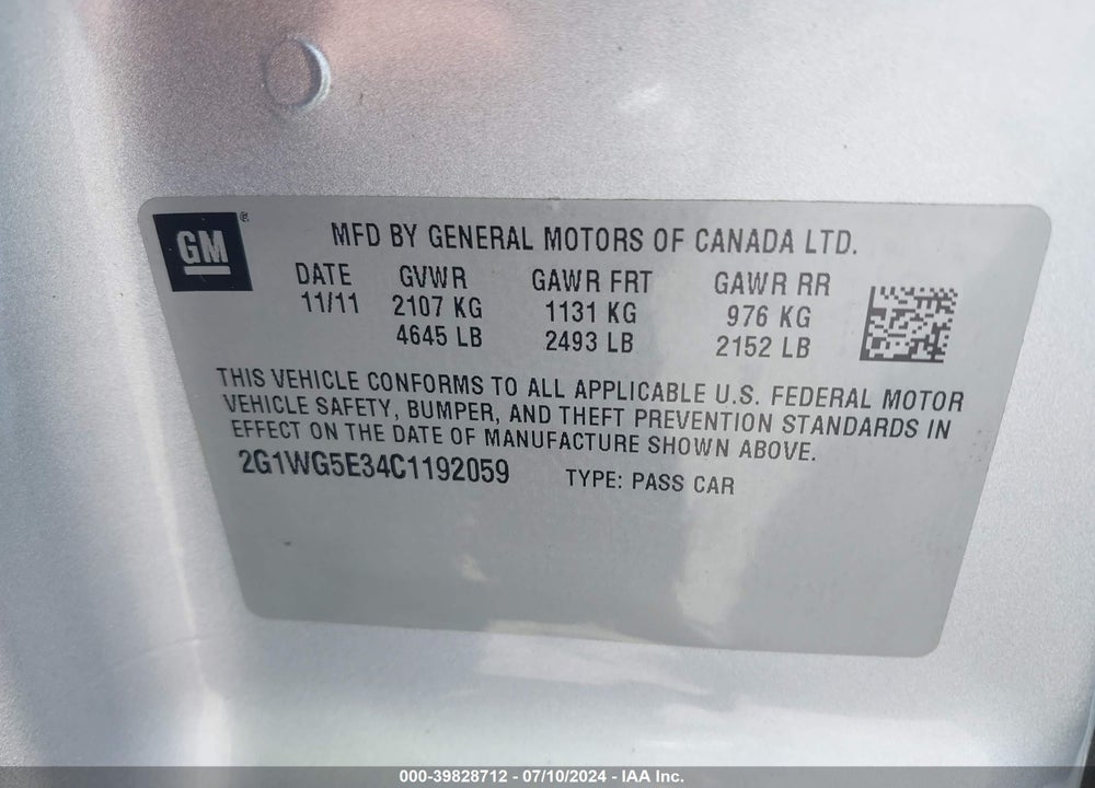 2012 CHEVROLET IMPALA LT VIN: 2G1WG5E34C1192059