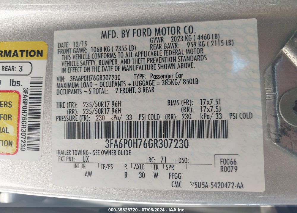 2016 FORD FUSION SE VIN: 3FA6P0H76GR307230