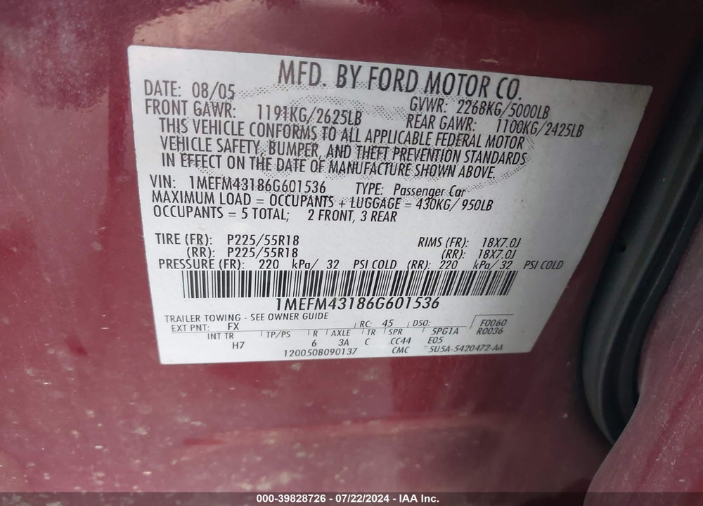 2006 MERCURY MONTEGO PREMIER VIN: 1MEFM43186G601536