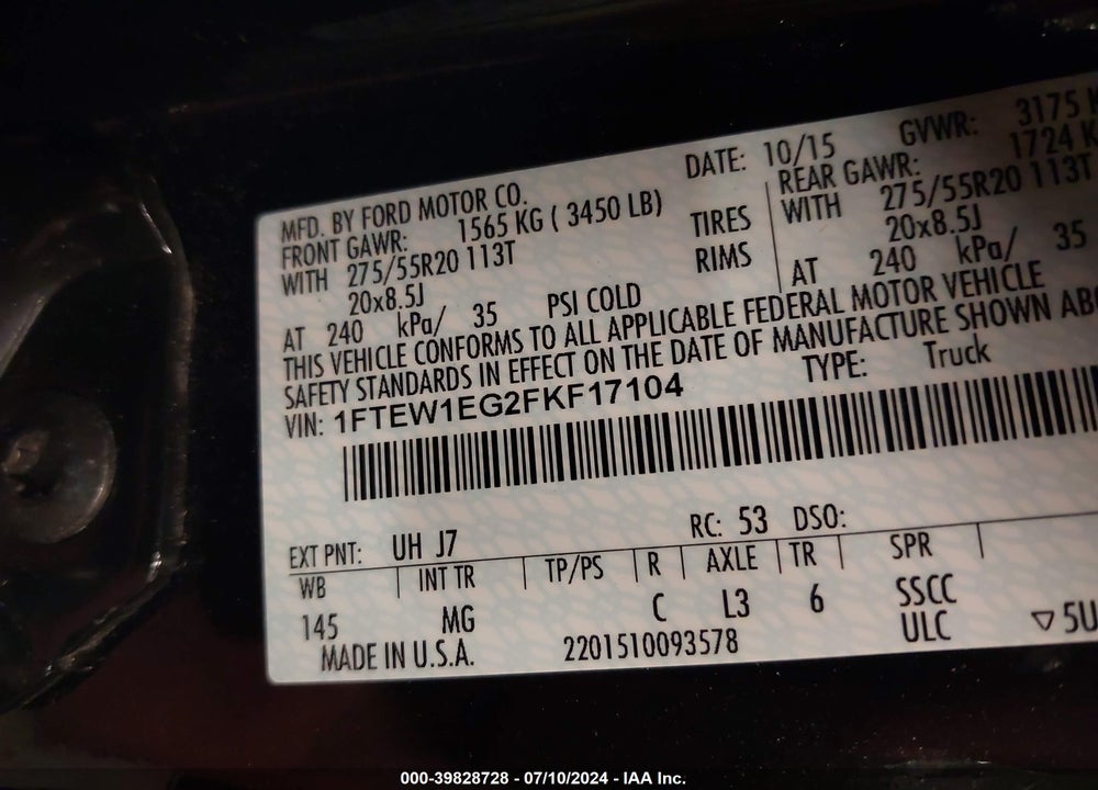 2015 FORD F-150 XLT VIN: 1FTEW1EG2FKF17104