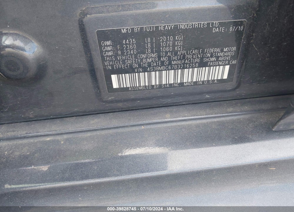 2011 SUBARU LEGACY 2.5I PREMIUM VIN: 4S3BMBC67B3216258