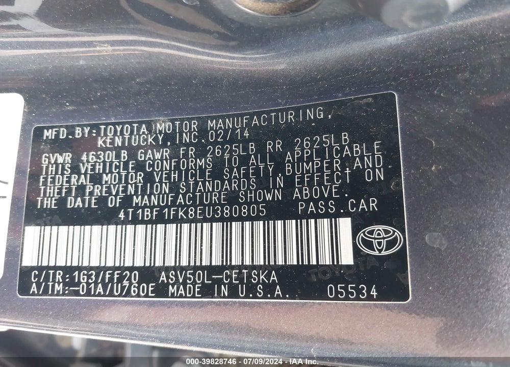 2014 TOYOTA CAMRY SE VIN: 4T1BF1FK8EU380805