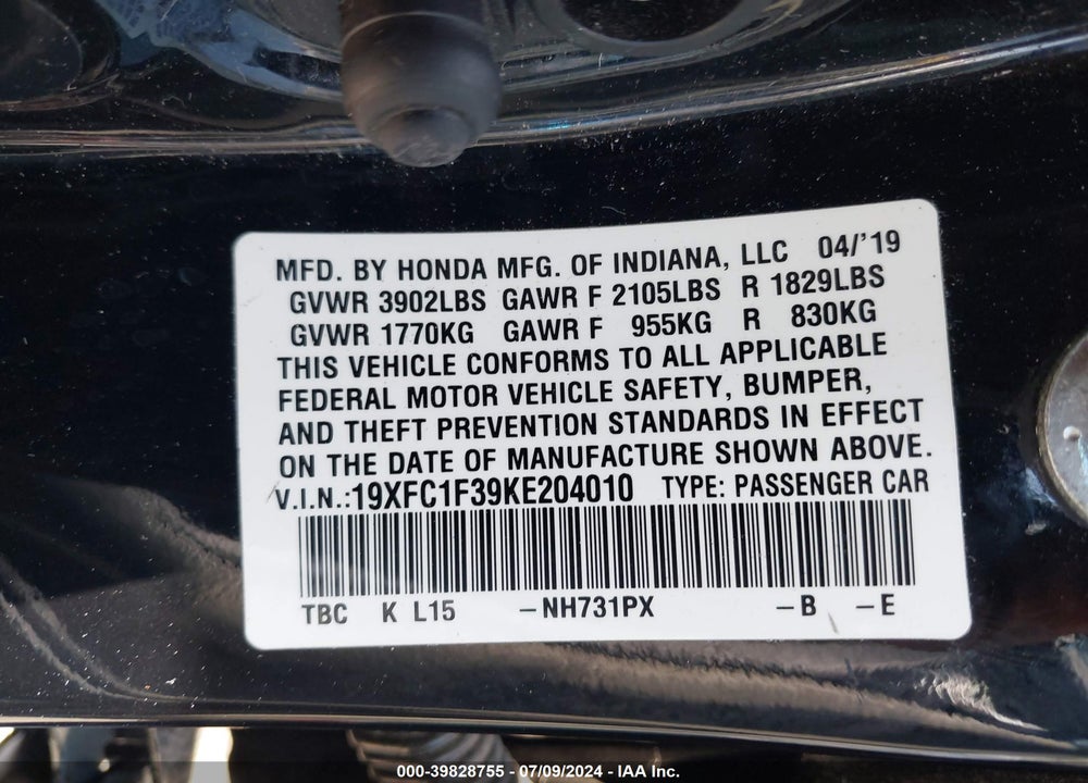 2019 HONDA CIVIC EX VIN: 19XFC1F39KE204010
