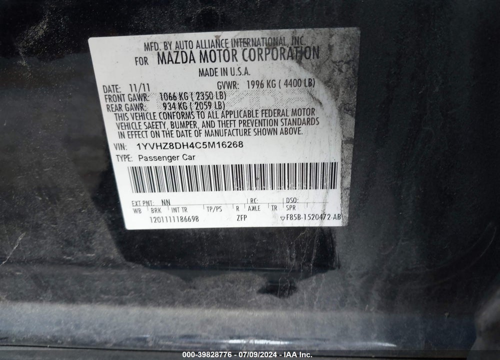2012 MAZDA 6 I TOURING VIN: 1YVHZ8DH4C5M16268