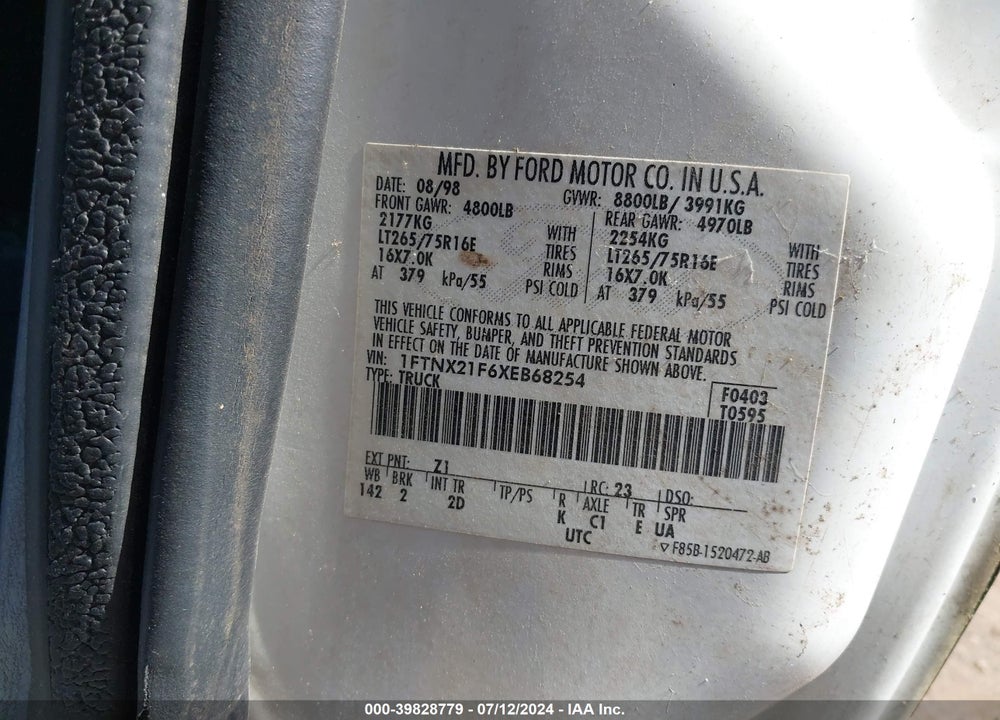 1999 FORD F-250 LARIAT/XL/XLT VIN: 1FTNX21F6XEB68254
