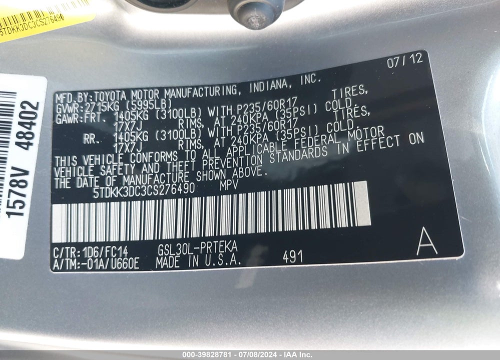 2012 TOYOTA SIENNA VIN: 5TDKK3DC3CS276490
