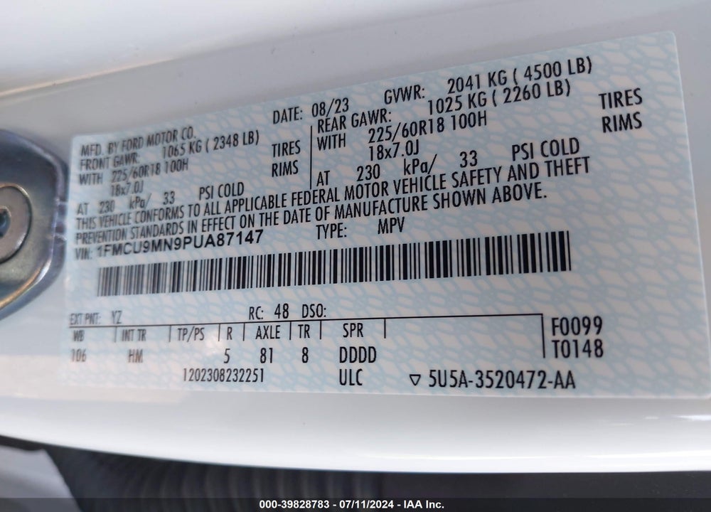 2023 FORD ESCAPE ST LINE VIN: 1FMCU9MN9PUA87147