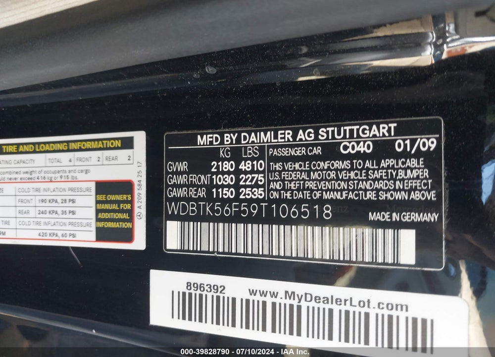 2009 MERCEDES-BENZ CLK 350 VIN: WDBTK56F59T106518