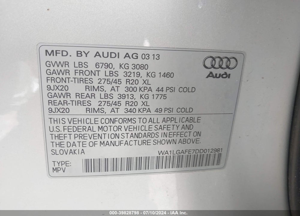 2013 AUDI Q7 3.0T PREMIUM VIN: WA1LGAFE7DD012981