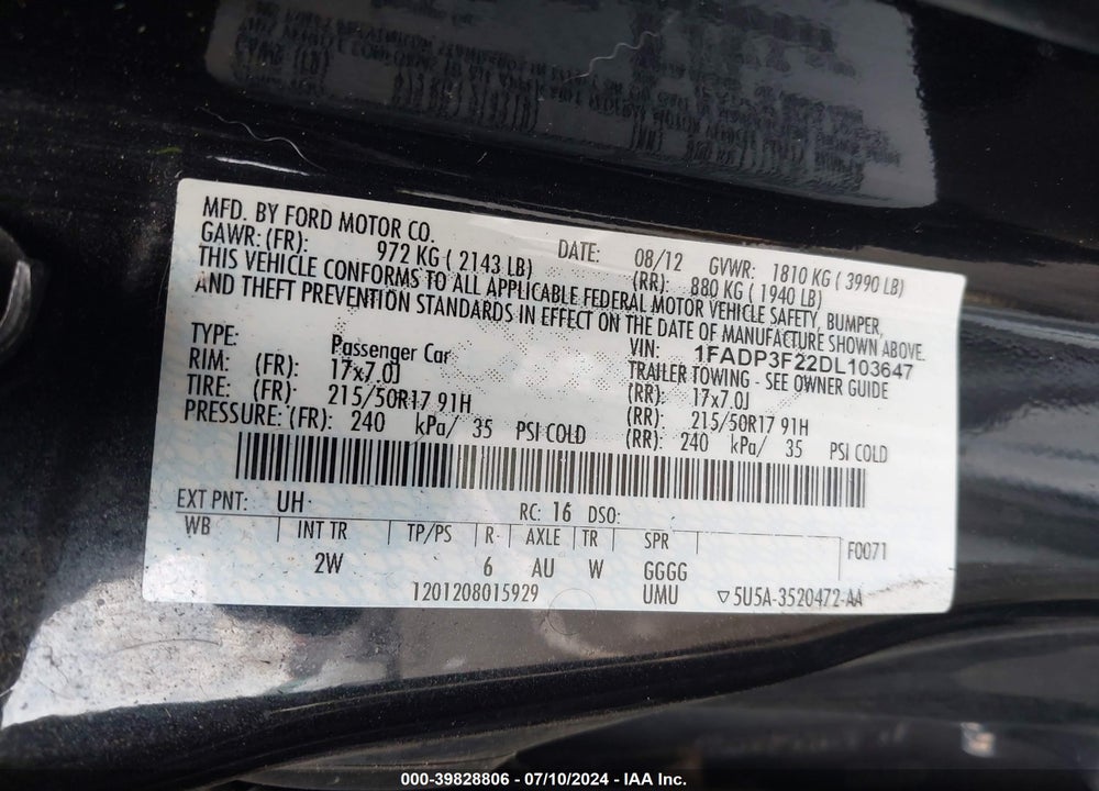 2013 FORD FOCUS SE VIN: 1FADP3F22DL103647