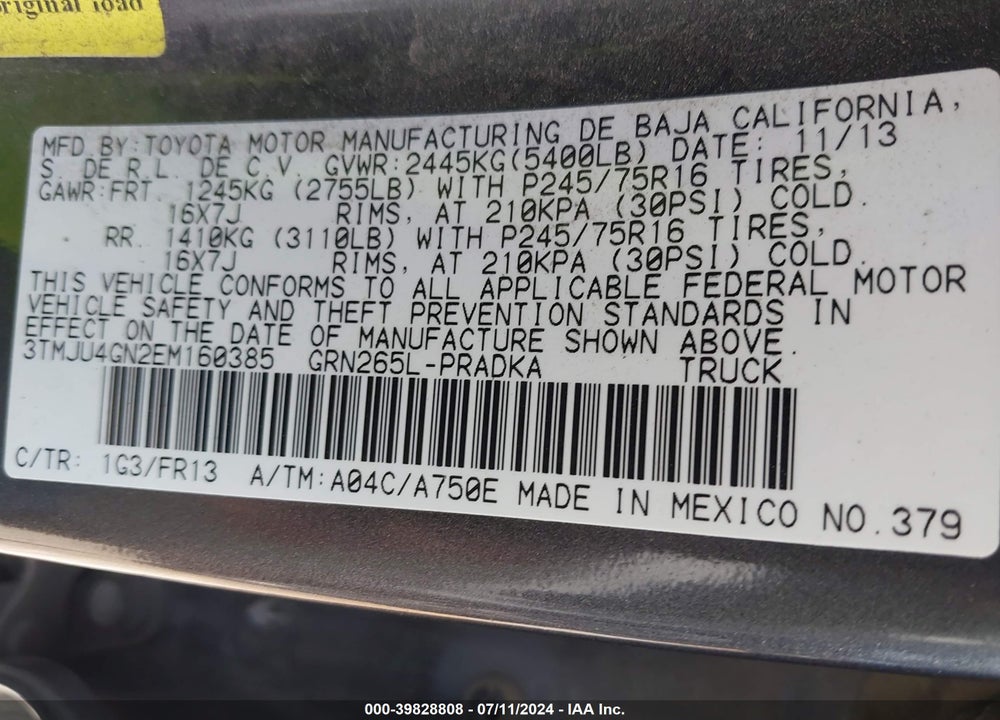 2014 TOYOTA TACOMA PRERUNNER V6 VIN: 3TMJU4GN2EM160385