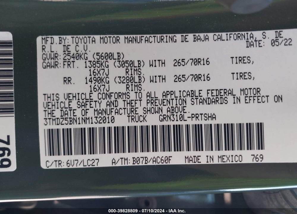 2022 TOYOTA TACOMA TRD OFF ROAD VIN: 3TMDZ5BN1NM132010