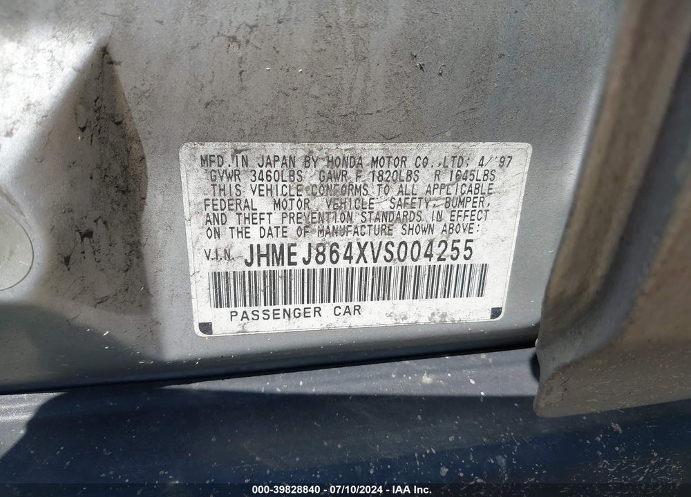 1997 HONDA CIVIC EX VIN: JHMEJ864XVS004255