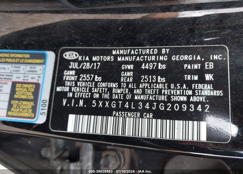 2018 KIA OPTIMA LX VIN: 5XXGT4L34JG209342