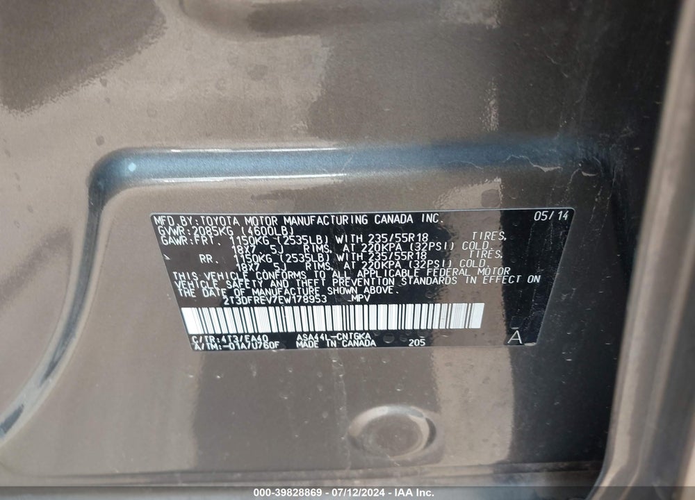 2014 TOYOTA RAV4 LIMITED VIN: 2T3DFREV7EW178953