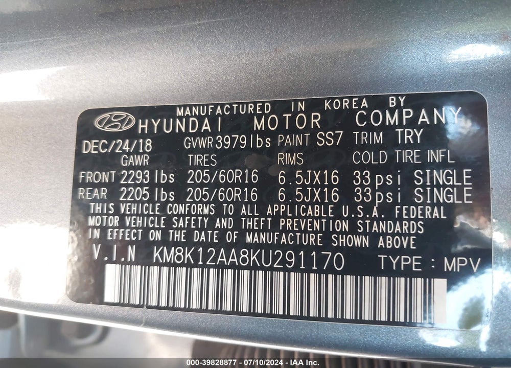 2019 HYUNDAI KONA SE VIN: KM8K12AA8KU291170
