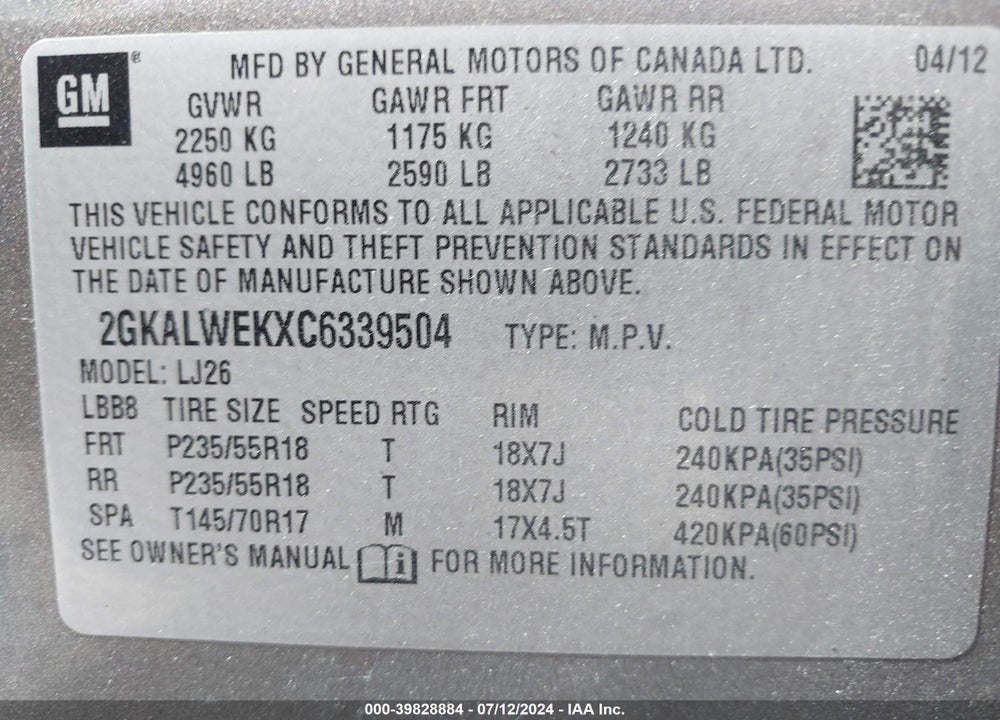 2012 GMC TERRAIN SLT-2 VIN: 2GKALWEKXC6339504