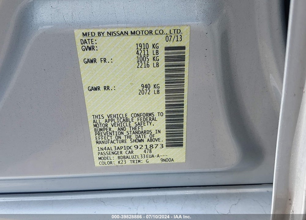 2013 NISSAN ALTIMA 2.5 SV VIN: 1N4AL3AP1DC921873