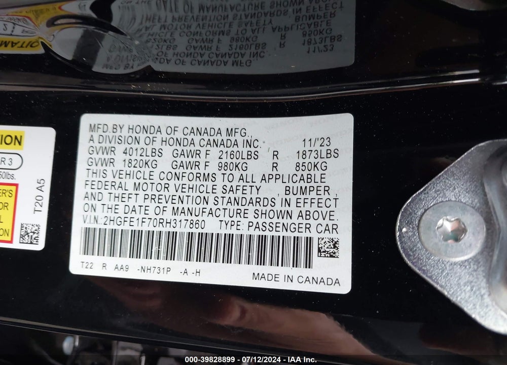 2024 HONDA CIVIC EX VIN: 2HGFE1F70RH317860