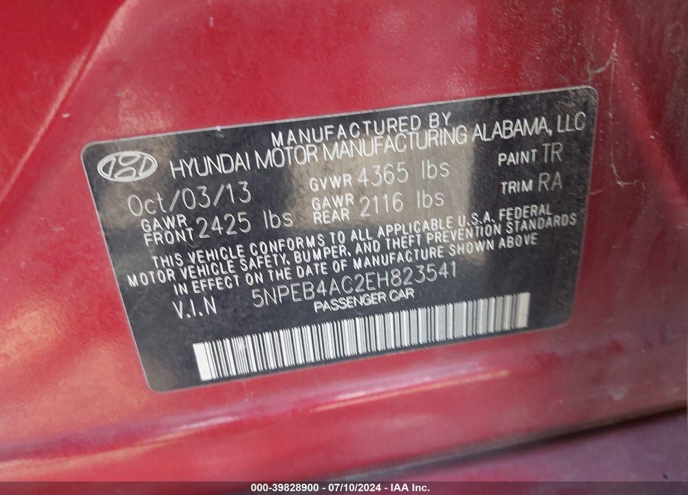 2014 HYUNDAI SONATA GLS VIN: 5NPEB4AC2EH823541