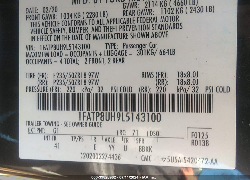 2020 FORD MUSTANG ECOBOOST PREMIUM VIN: 1FATP8UH9L5143100