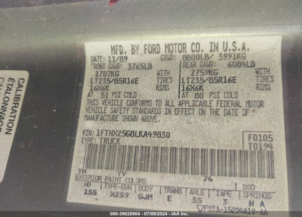 1990 FORD F250 VIN: 1FTHX25G8LKA49830