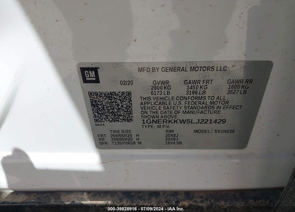 2020 CHEVROLET TRAVERSE FWD PREMIER VIN: 1GNERKKW5LJ221429
