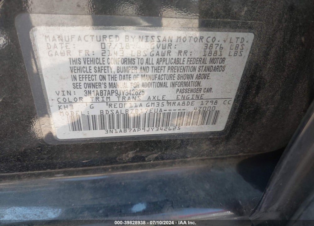 2018 NISSAN SENTRA S VIN: 3N1AB7AP9JY342625