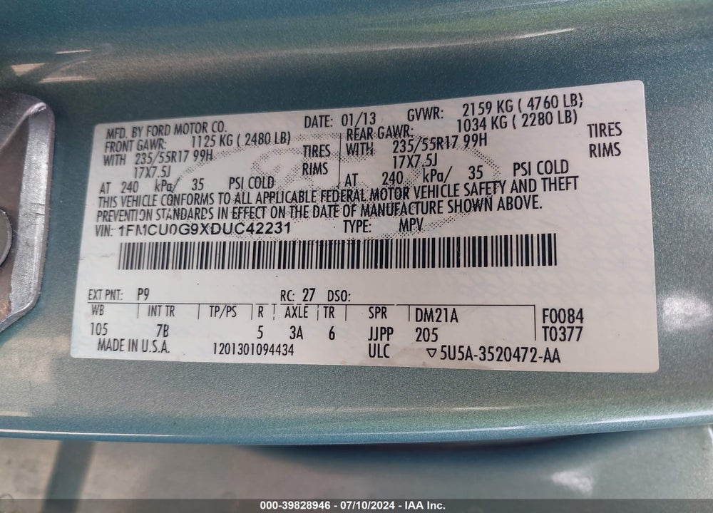 2013 FORD ESCAPE SE VIN: 1FMCU0G9XDUC42231