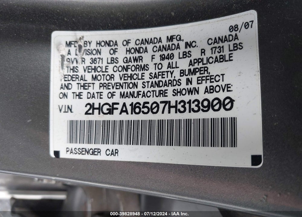 2007 HONDA CIVIC LX VIN: 2HGFA16507H313900