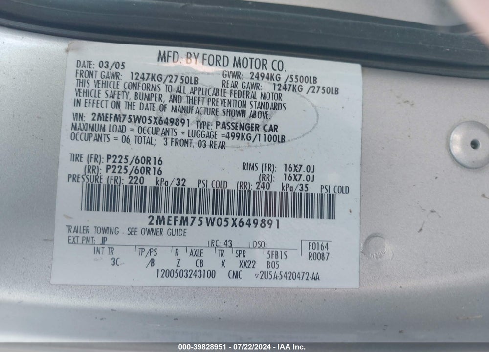 2005 MERCURY GRAND MARQUIS LS/LSE VIN: 2MEFM75W05X649891