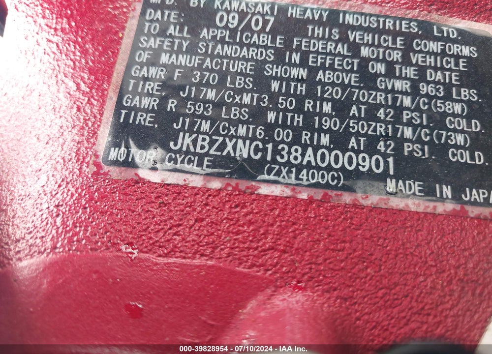 2008 KAWASAKI ZX1400 C VIN: JKBZXNC138A000901