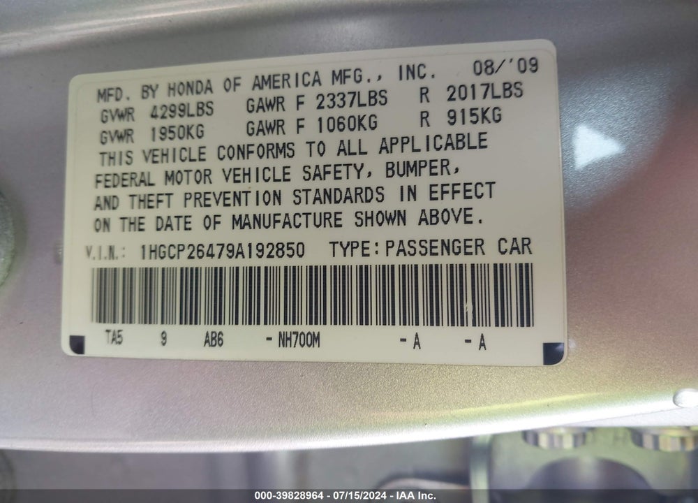 2009 HONDA ACCORD VIN: 1HGCP26479A192850
