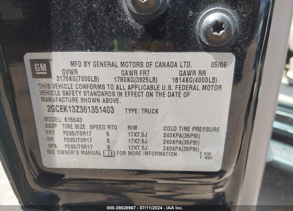 2006 CHEVROLET SILVERADO 1500 LT2 VIN: 2GCEK13Z361351403