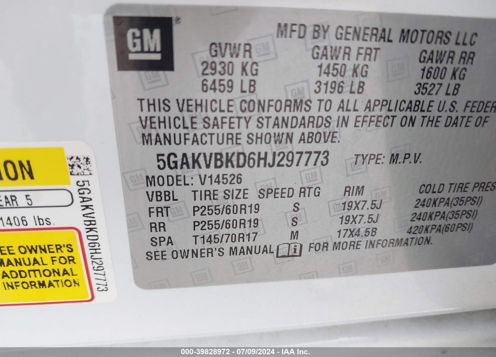 2017 BUICK ENCLAVE LEATHER VIN: 5GAKVBKD6HJ297773