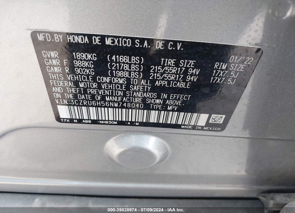 2022 HONDA HR-V AWD EX VIN: 3CZRU6H56NM748040