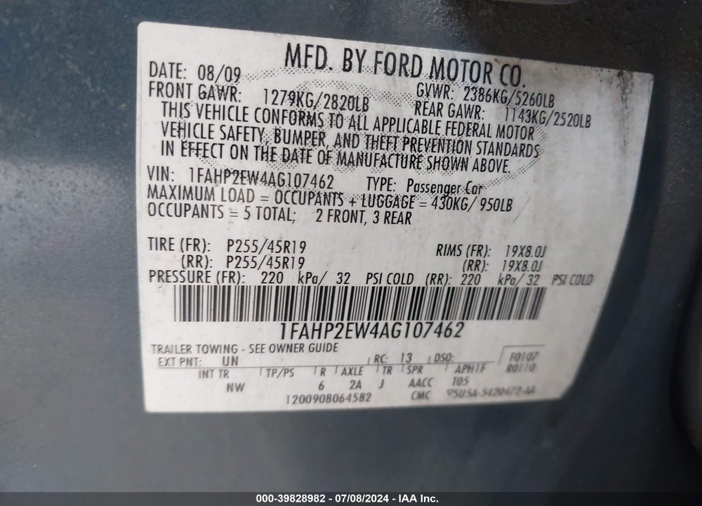 2010 FORD TAURUS SEL VIN: 1FAHP2EW4AG107462