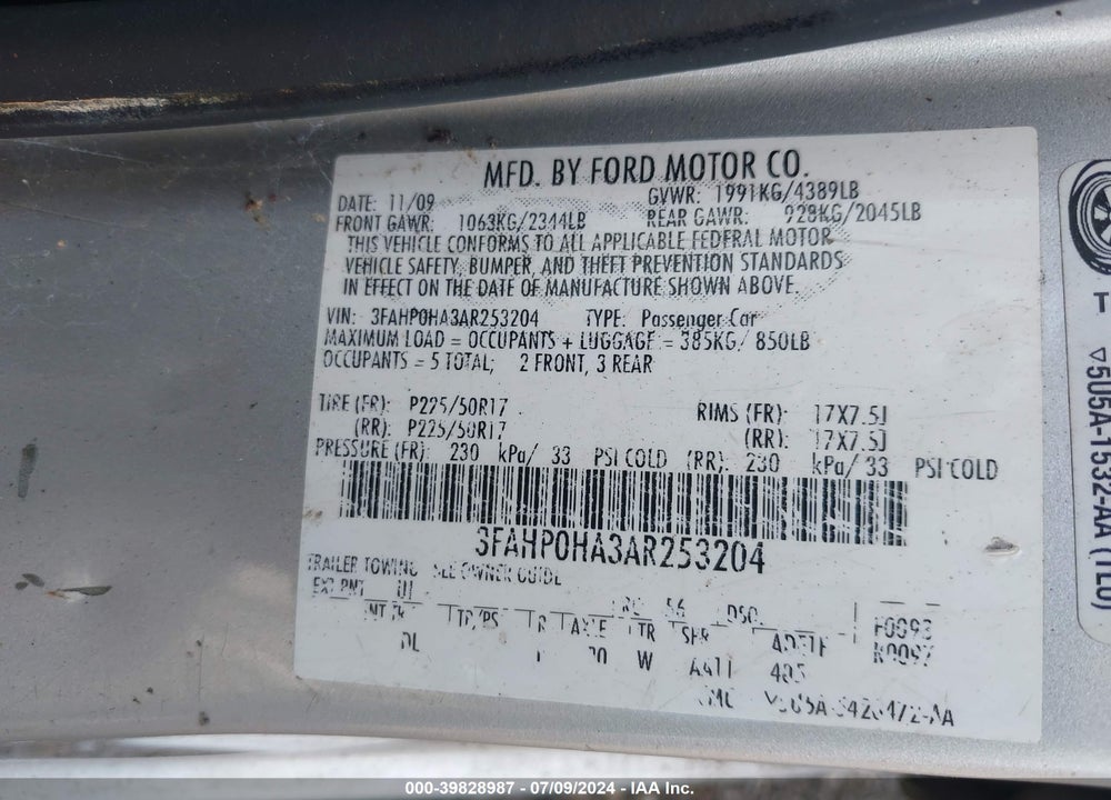 2010 FORD FUSION SE VIN: 3FAHP0HA3AR253204