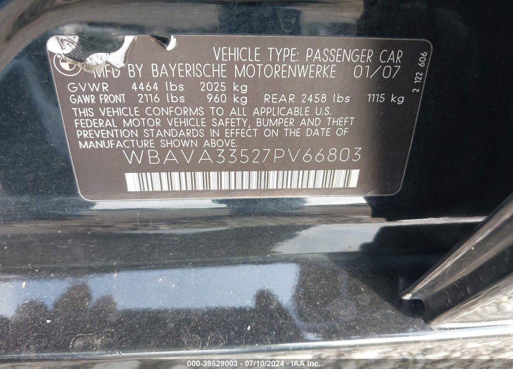 2007 BMW 328I VIN: WBAVA33527PV66803