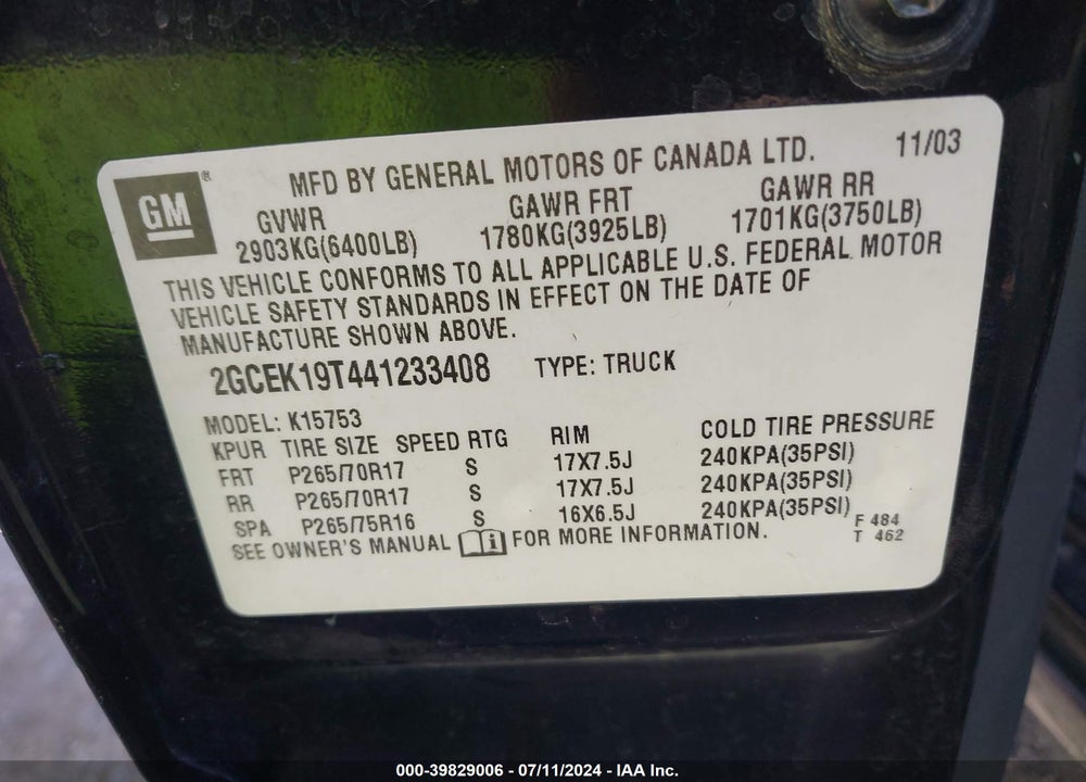 2004 CHEVROLET SILVERADO 1500 Z71 VIN: 2GCEK19T441233408