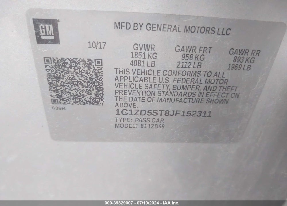2018 CHEVROLET MALIBU VIN: 1G1ZD5ST8JF152311