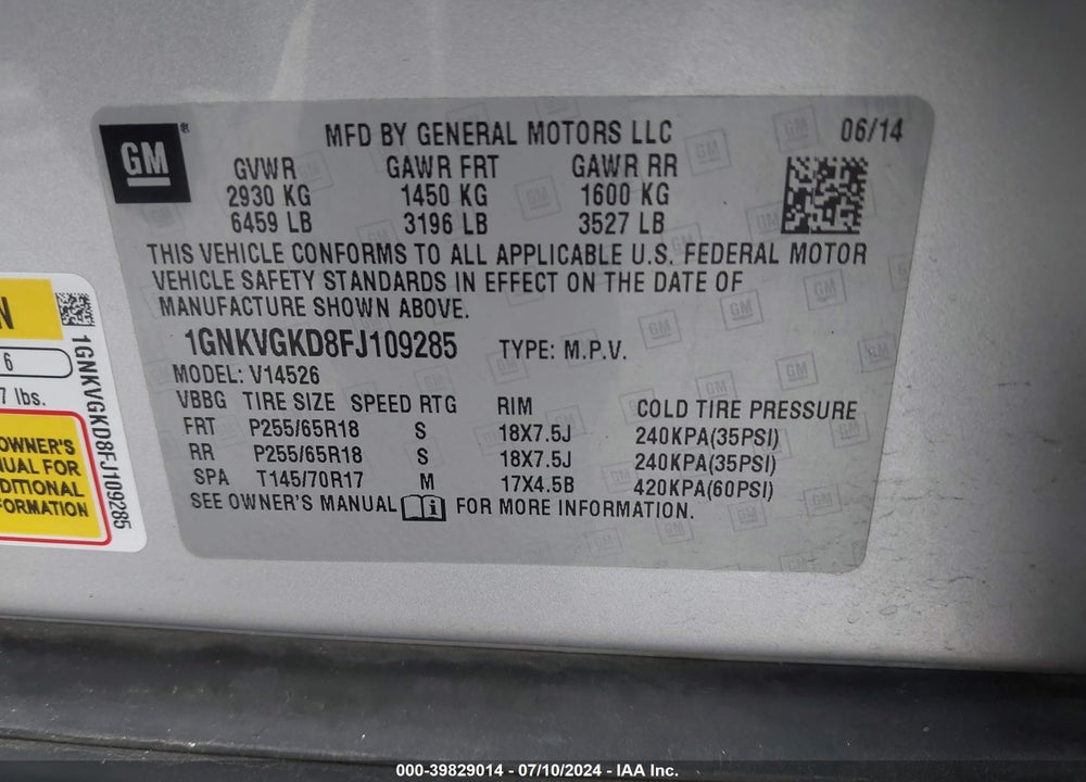 2015 CHEVROLET TRAVERSE 1LT VIN: 1GNKVGKD8FJ109285